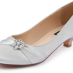 Women Satin Kitten Heels Rhinestones Closed Toe Evening Wedding Shoes
